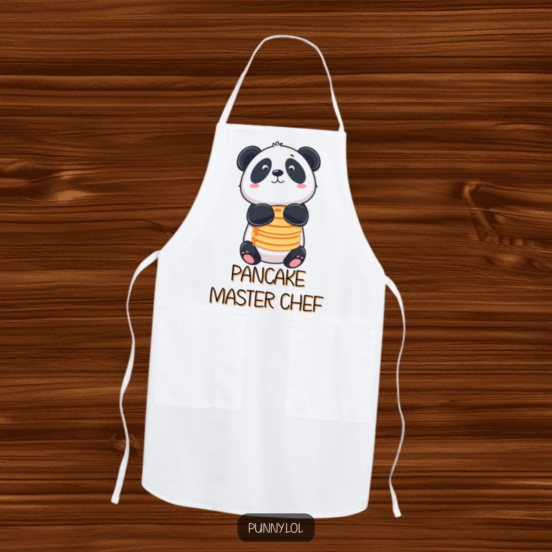 Funny apron with a panda balancing pancakes on its nose, ideal for breakfast chefs.