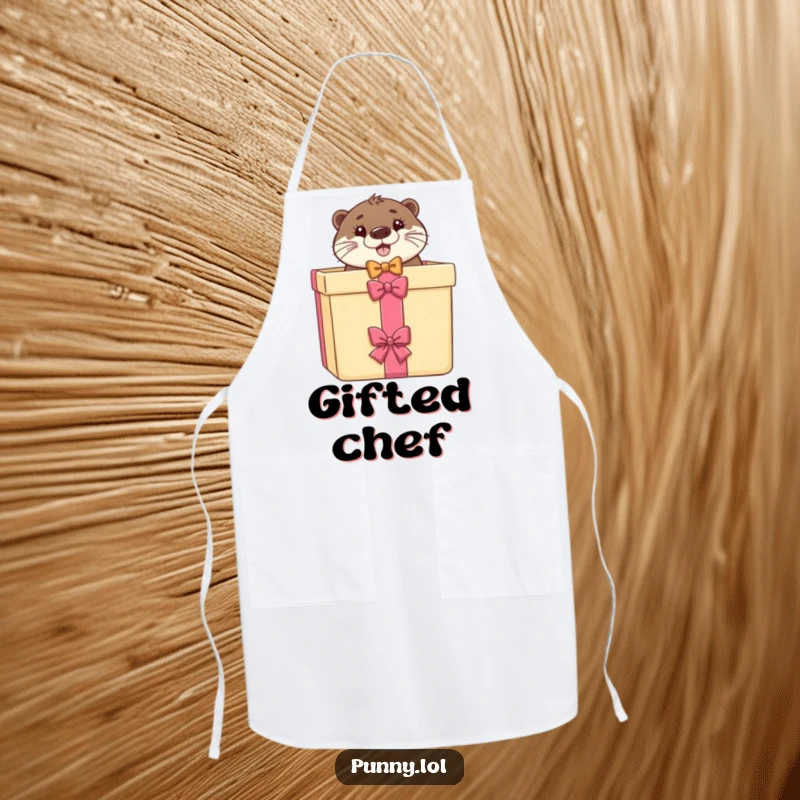 Funny apron showing a happy otter in a bow tie peeking out of a gift box, ideal for cooking.