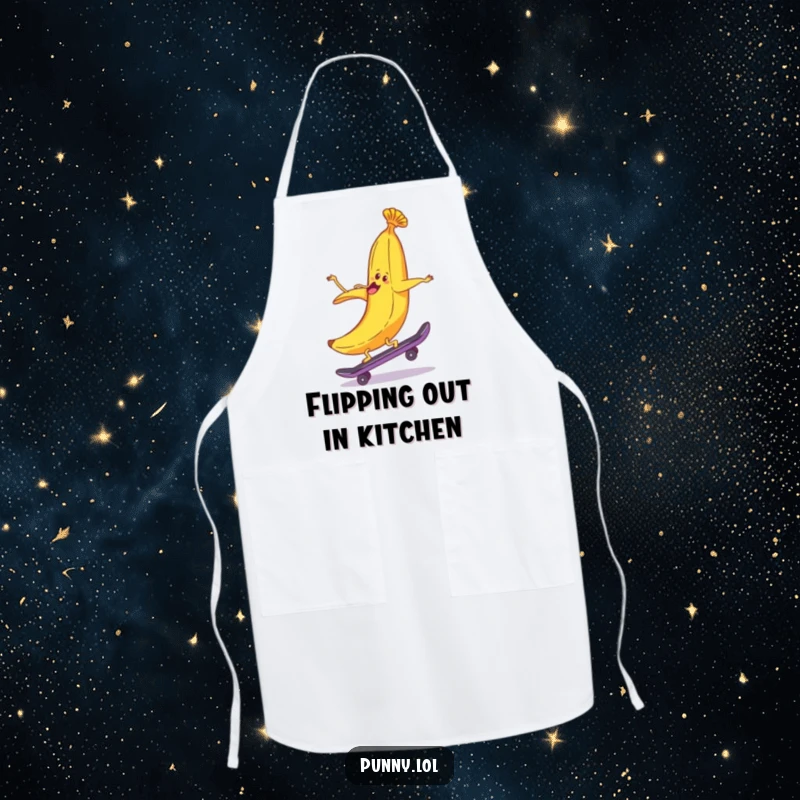 Kitchen apron adorned with a funny banana peel riding a skateboard backwards, designed for humorous cooking and baking.