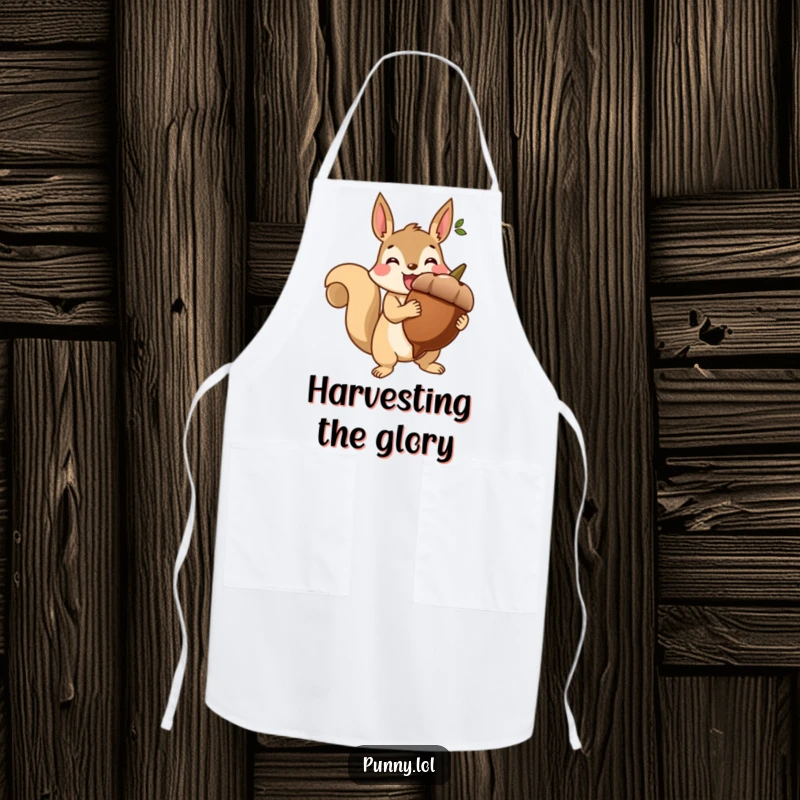 Funny apron depicting a beaming squirrel holding a giant acorn like a trophy, perfect for cooking.