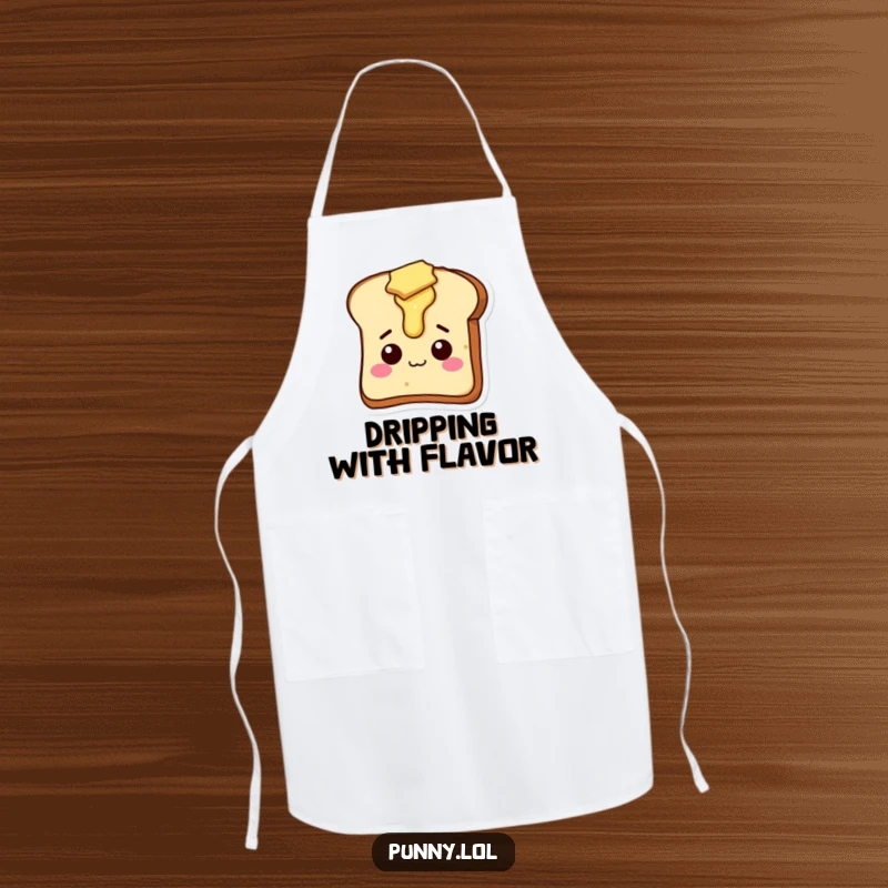 Funny kitchen apron depicting a comical slice of toast with butter melting, ready for culinary creations.