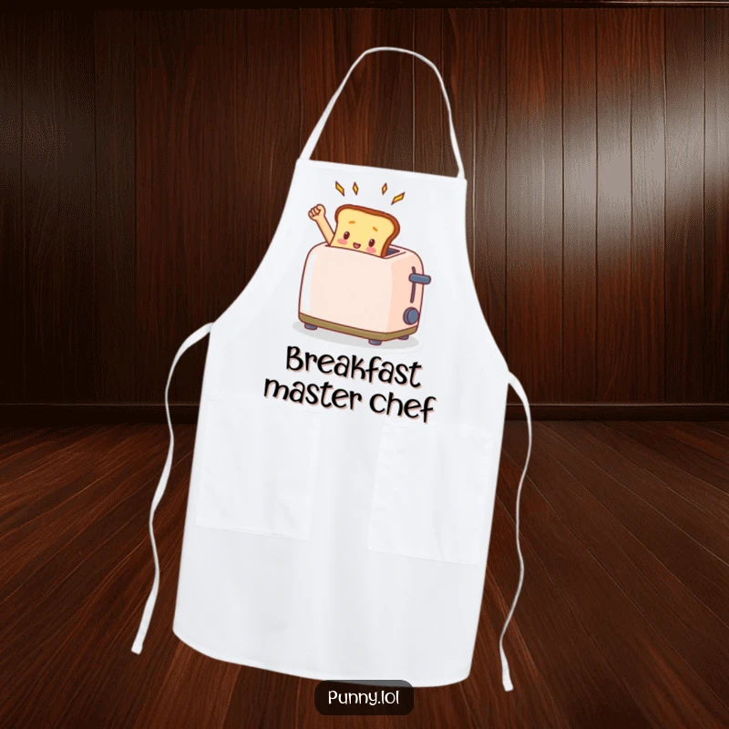 Kitchen apron adorned with a funny toast popping triumphantly from a toaster, designed for humorous breakfast preparation.