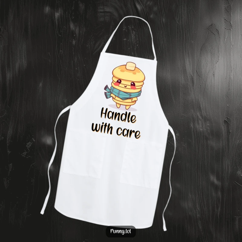 Funny apron illustrating a dizzy stack of pancakes wearing a scarf, looking confused, ideal for chefs who love a hearty laugh.