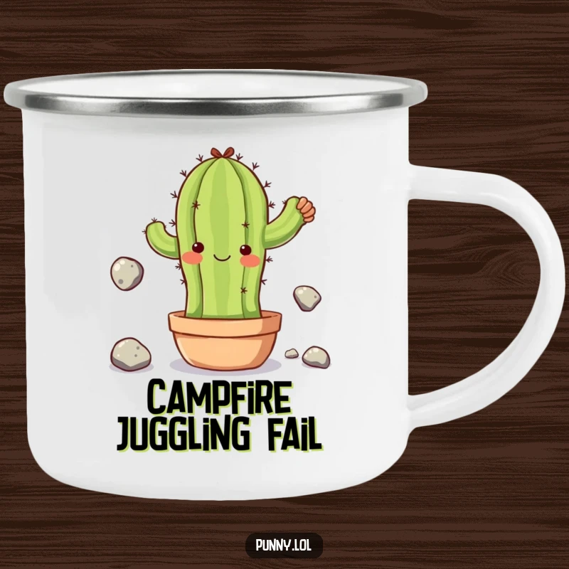 Funny camping mug featuring a clumsy cactus juggling stones, ideal for enjoying beverages during outdoor excursions with a humorous touch.