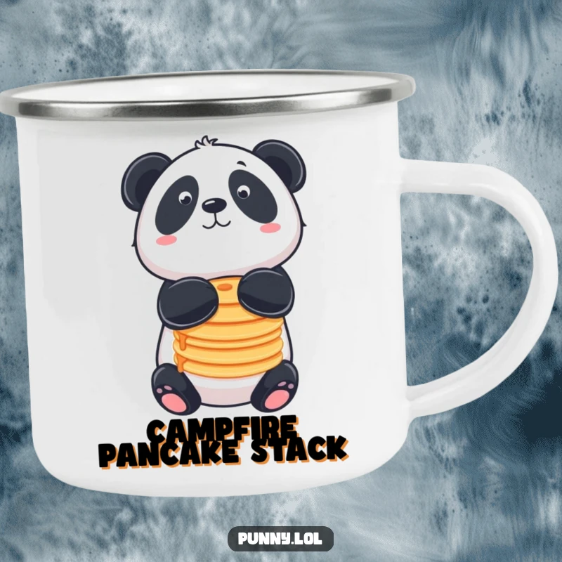 Funny camping mug with a panda balancing pancakes on its nose, for outdoor breakfast.