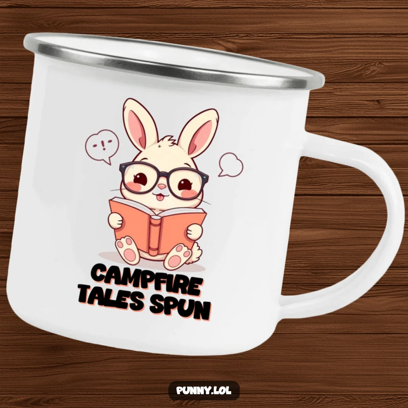 Funny camping mug featuring a cheerful rabbit with glasses, reading a book with amusing word bubbles, for outdoor adventures.