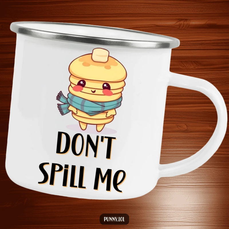 Funny camping mug showcasing a dizzy stack of pancakes wearing a scarf, looking disoriented, ideal for hot beverages in nature.
