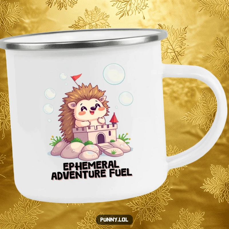 Funny camping mug with a happy hedgehog building a castle from iridescent bubbles, ideal for outdoor coffee breaks.