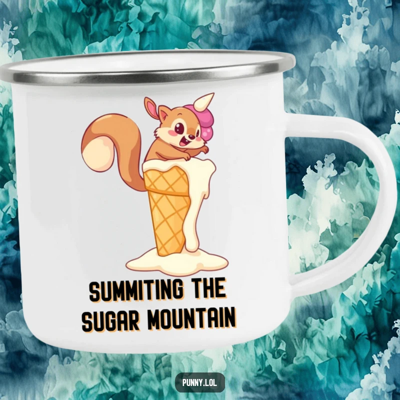 Funny Squirrel Camping Mug with a determined squirrel trying to climb a giant, melting ice cream cone, perfect for outdoor treats and a funny gift.