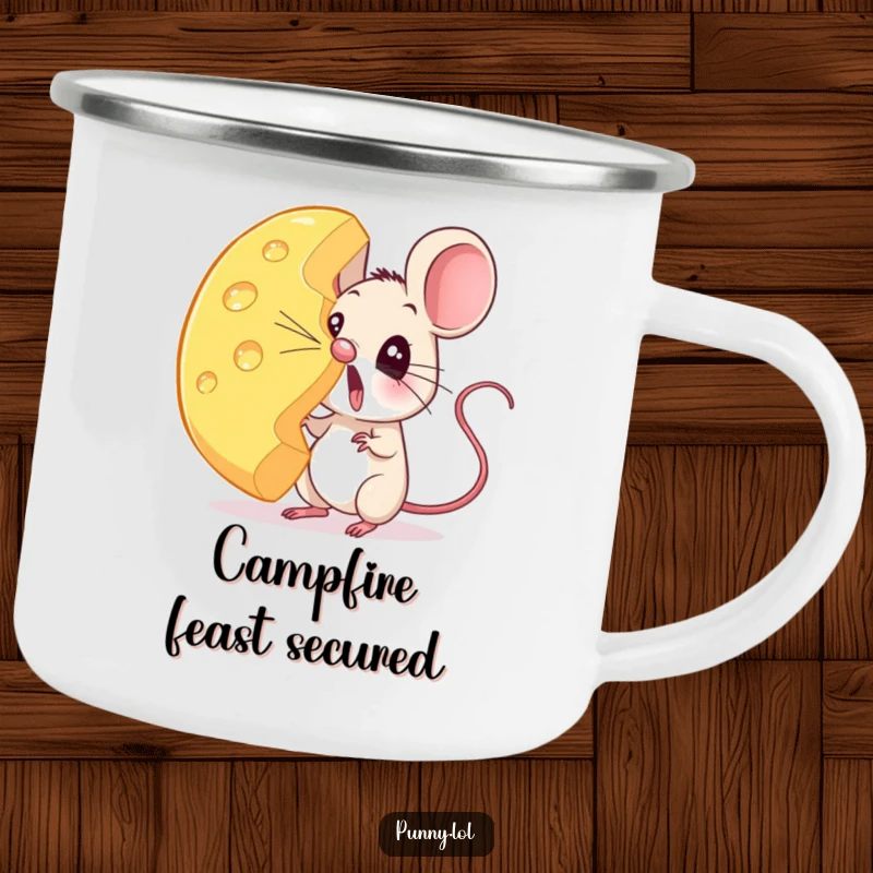 Funny mouse camping mug depicting a surprised rodent balancing a huge wheel of cheese on its nose, ideal for outdoor trips.
