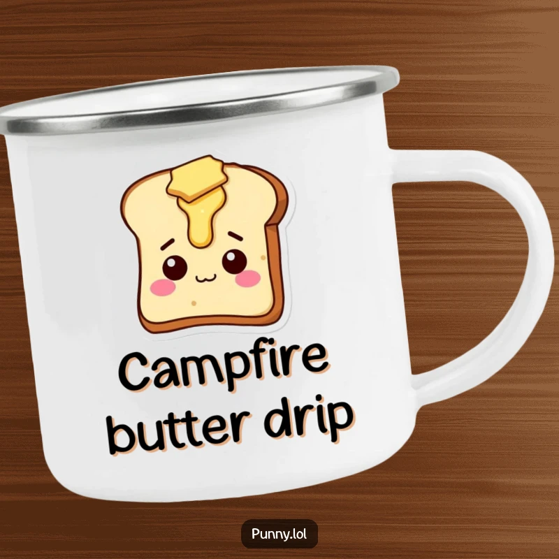 Funny enamel camping mug showcasing a silly slice of toast character with butter dripping, ready for the trail.