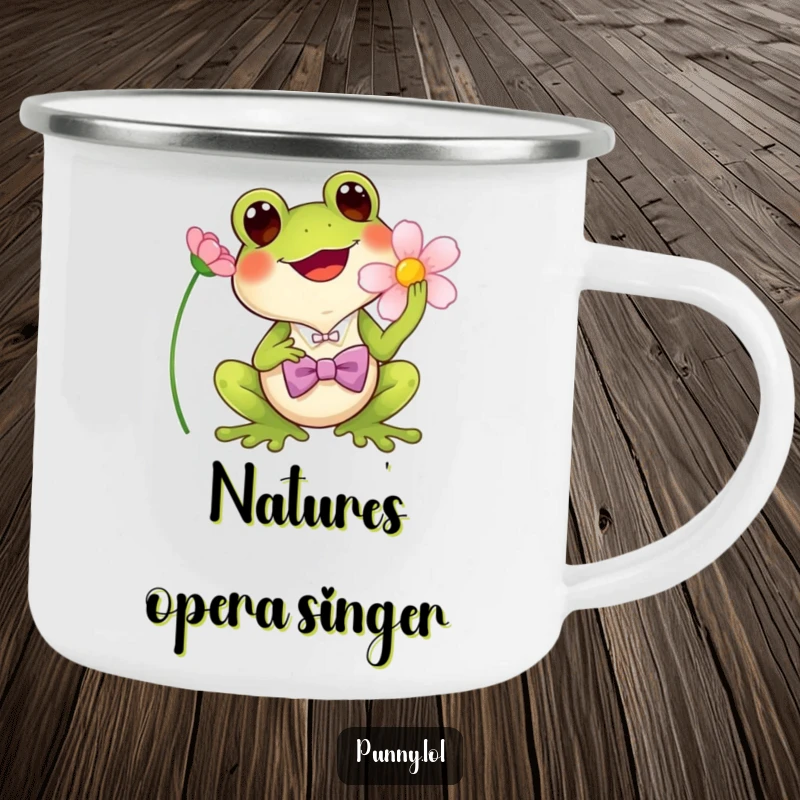 Funny Camping Mug: An enamel mug showing a cheerful frog in a bowtie, singing into a flower.