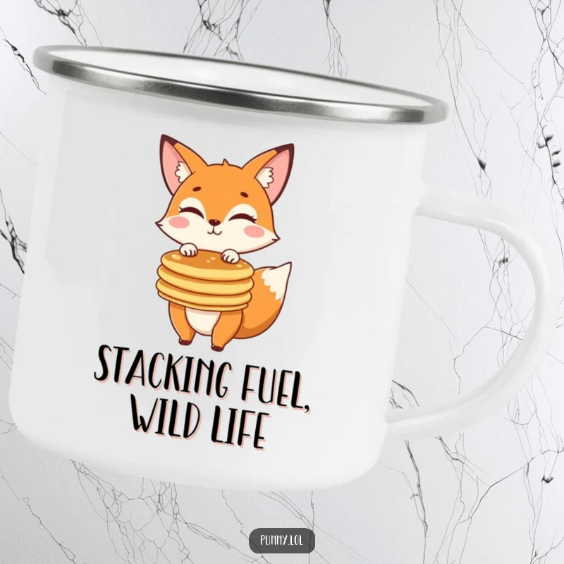 Funny fox winking, balancing pancakes on a rugged camping mug, designed for outdoor adventures and humor.