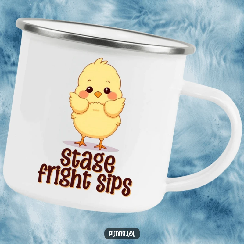 Funny chick camping mug showing a fluffy bird taking a dramatic stage bow, perfect for performers and outdoor lovers.