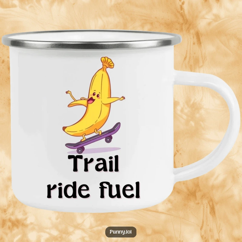 Durable camping mug showcasing a funny banana peel riding a skateboard backwards, ready for outdoor fun with a humorous twist.