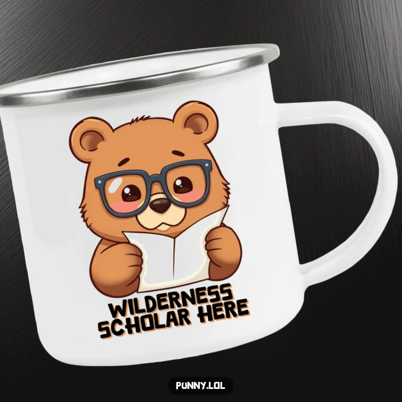 Funny camping mug with a bear wearing glasses, examining a tiny paper, perfect for outdoor study sessions and warm drinks.