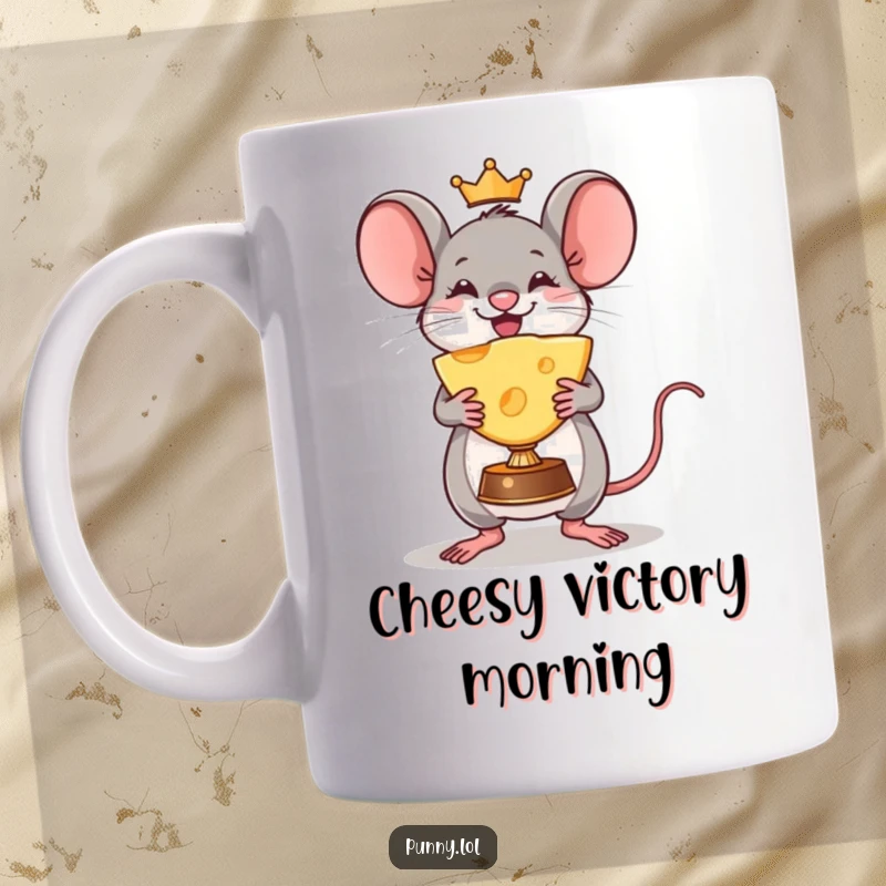 Funny Mouse Mug: A triumphant mouse proudly hoists a giant wedge of cheese like a glorious trophy, celebrating a delicious win.