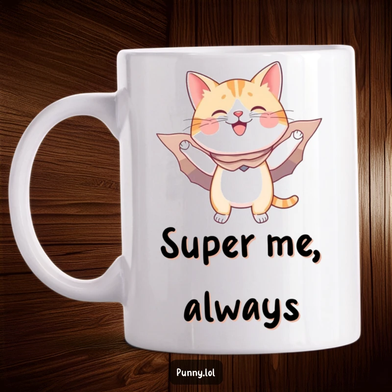 Funny mug art: a happy cat wears a cape and cardboard wings, pretending to fly with superhero determination.