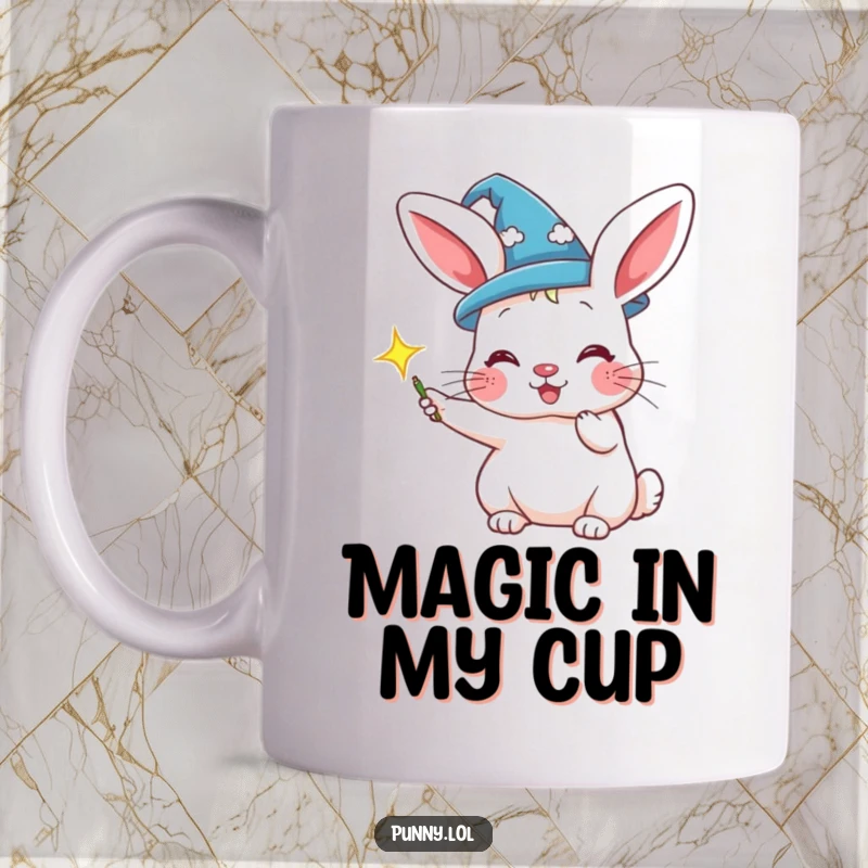 Funny mug of a curious rabbit wearing a tiny wizard hat, conjuring a sparkle, for magical moments.