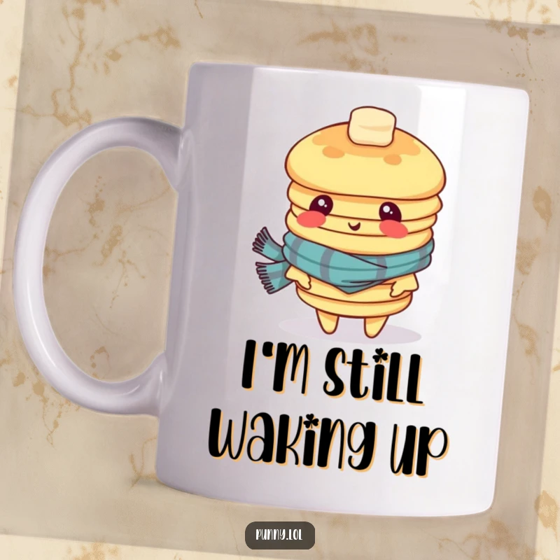 Funny coffee mug featuring a wobbly stack of pancakes in a scarf, looking dizzy and slightly confused, perfect for a whimsical start.