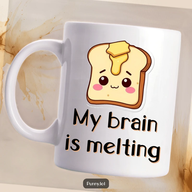 Funny ceramic mug featuring a silly, anthropomorphic slice of toast with butter melting off its head.