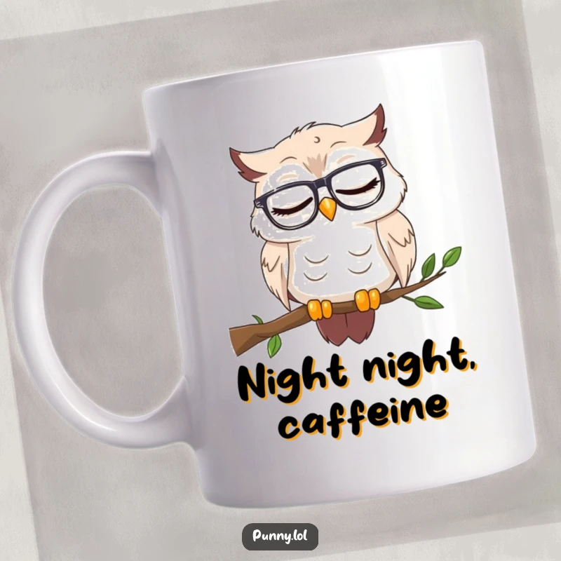 Funny mug featuring a wise owl in reading glasses dozing off on a branch, embodying intellectual exhaustion and a love for naps.