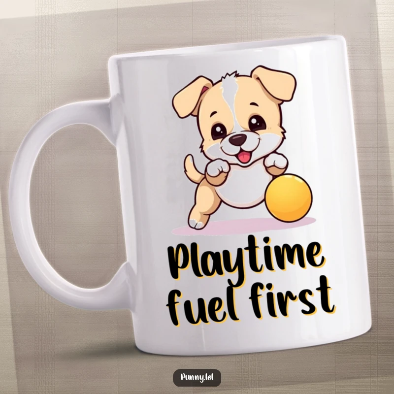 Funny mug of an excited puppy leaping to catch a bouncing ball, capturing the fun of playful energy.