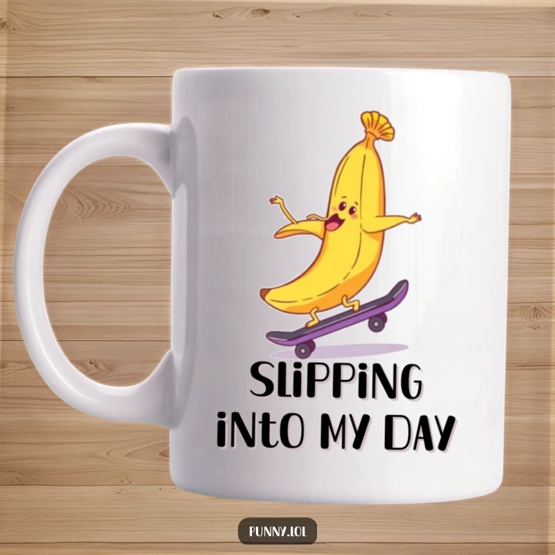 Funny, cheerful banana peel attempting to skateboard backwards, depicted on a humorous mug, ready for a slippery ride.