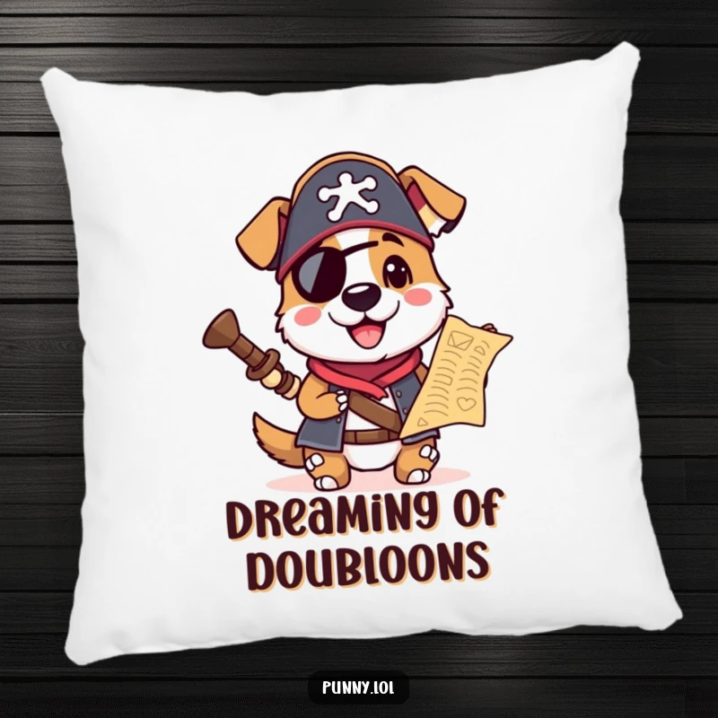 Funny pillow featuring a pirate dog in a hat, holding a treasure map, perfect for adding comfort and a humorous touch to any room.