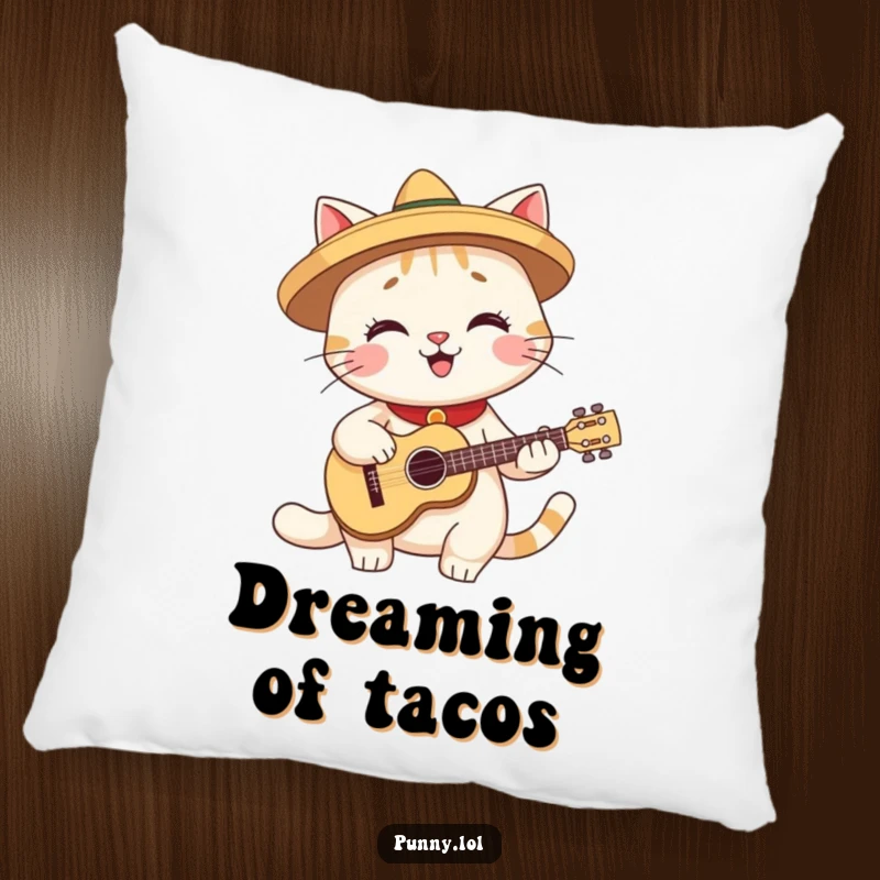 Funny pillow featuring a smiling cat wearing a tiny sombrero and playing a miniature guitar, for comfort and fun.