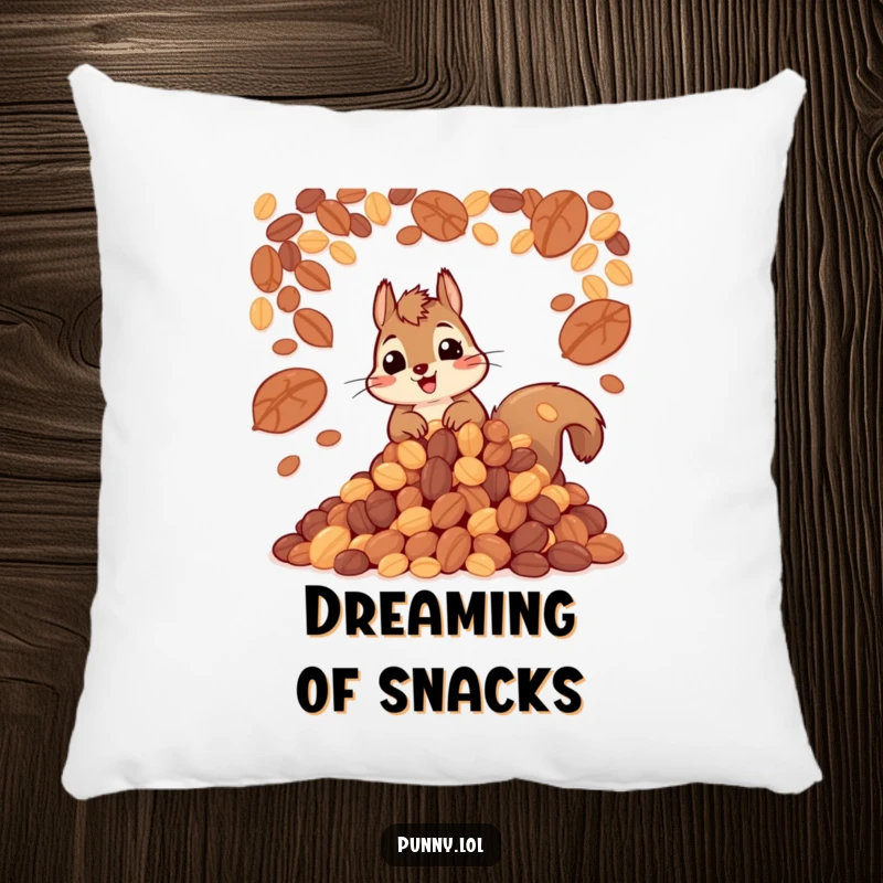 Funny pillow featuring a happy squirrel hoarding a large quantity of nuts; a cute and humorous decorative accent.