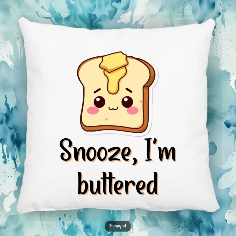 Funny decorative pillow featuring a lovable, silly slice of toast character with butter dripping, perfect for lounging.