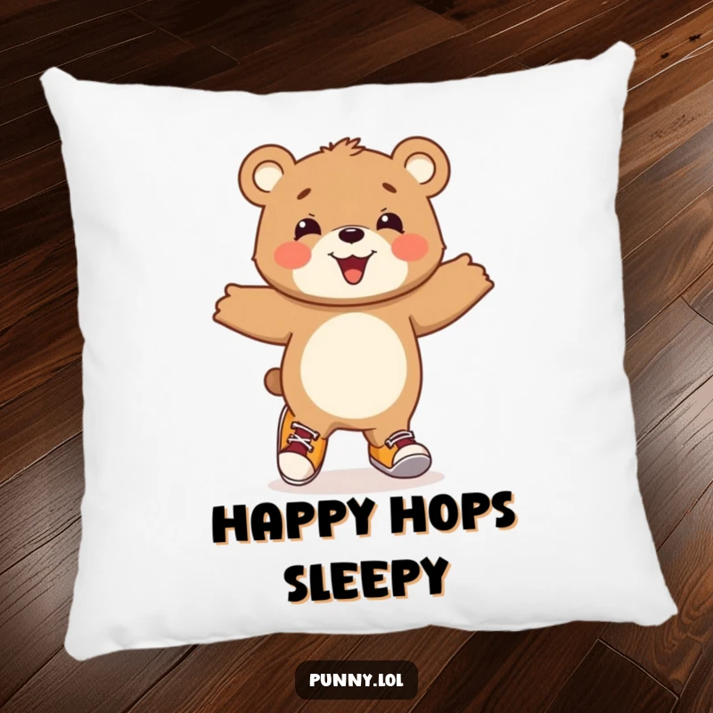 Funny Bear Cub Pillow: A beaming bear cub hops joyfully, wearing mismatched shoes, offering comical comfort and cheerful vibes.