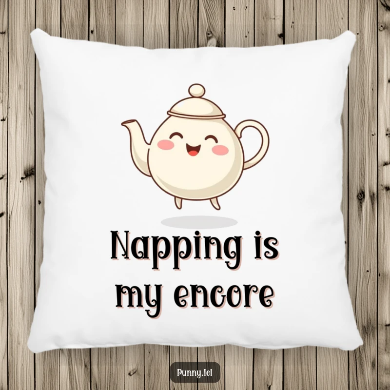 Funny decorative pillow with a plush, steaming teapot character doing a happy dance, bringing comfort and smiles.