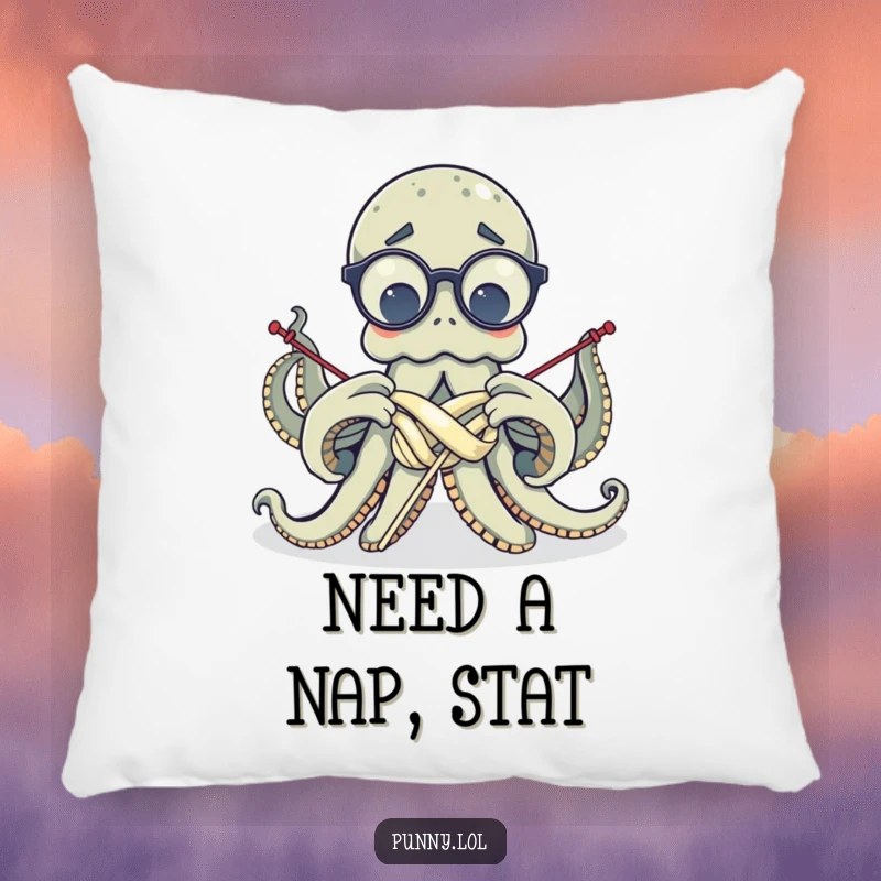 Plush pillow featuring a funny, confused octopus in glasses, arms entangled while knitting, offering comfort and humor.