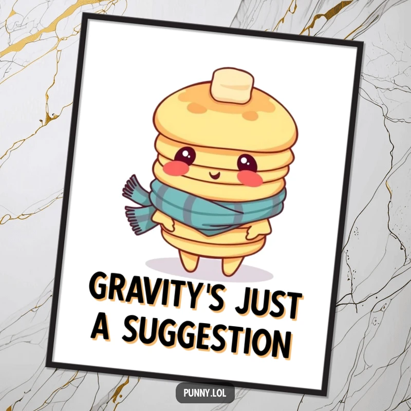 Funny digital art print of a dizzy stack of pancakes wearing a scarf, looking bewildered, ideal for immediate download and framing.