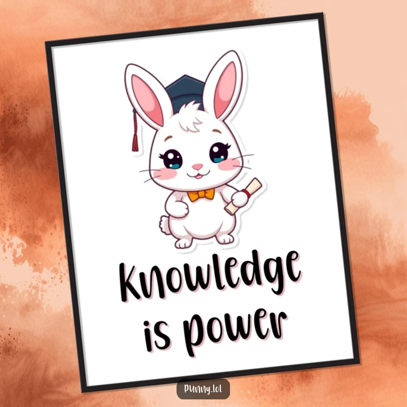 Funny graduation digital art print of a smiling rabbit in a tiny cap holding a diploma, perfect for celebrating academic success.