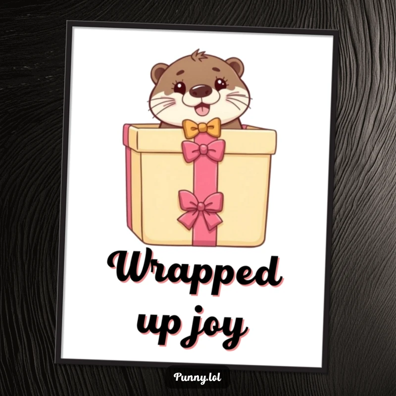 Funny digital art print of an otter in a bow tie peeking from a gift box, for instant decor.