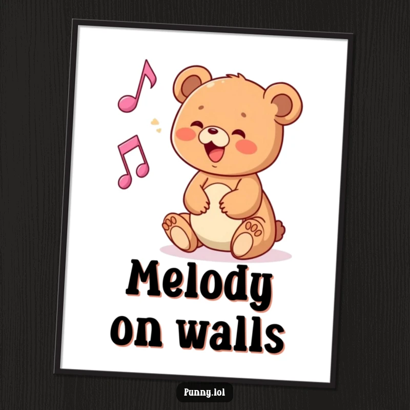 Funny digital art print of a bear cub playing with a musical note, for instant musical decor.