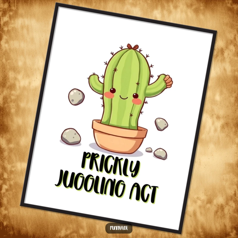 Funny digital art print of a clumsy cactus character juggling stones, perfect for adding a burst of quirky charm and humor.