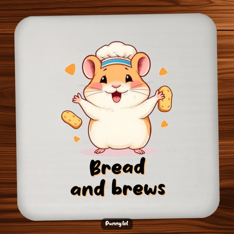 Funny hamster chef coaster featuring a hamster in a chef hat juggling miniature loaves of bread. Protects surfaces with humor.
