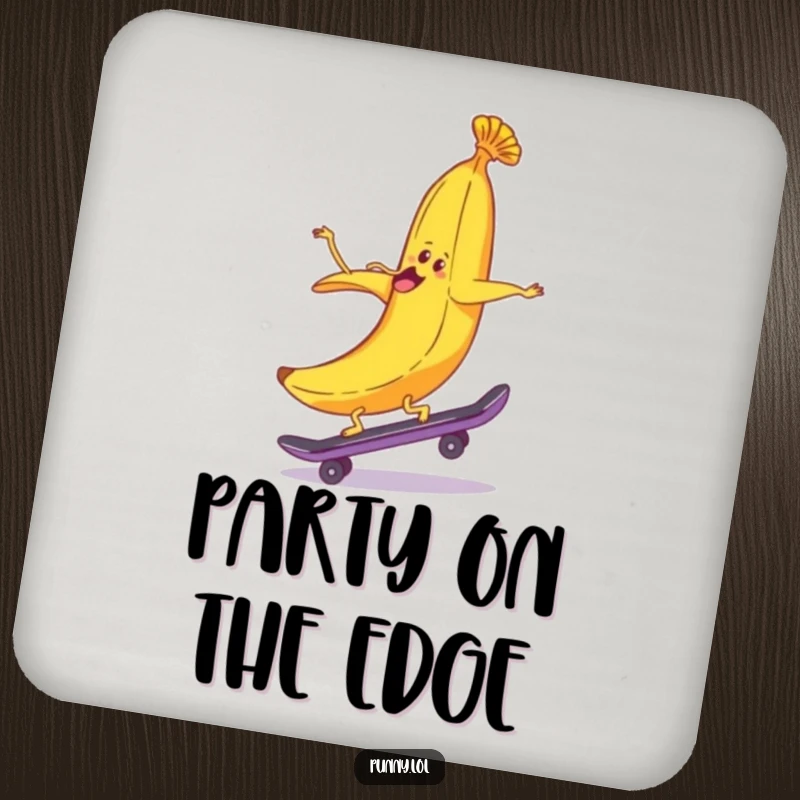 Set of coasters featuring a funny banana peel riding a skateboard backwards, offering humorous table protection.