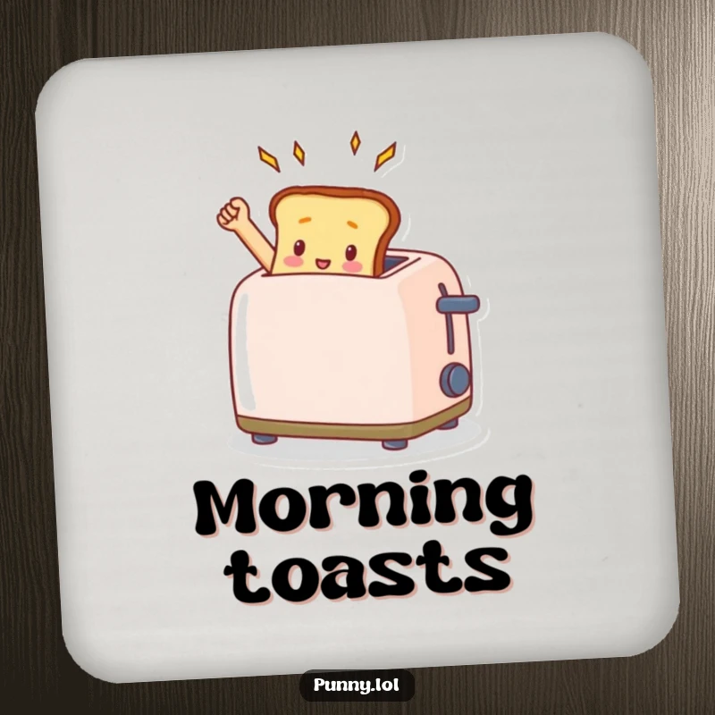 Set of coasters featuring a funny toast popping triumphantly from a toaster, offering humorous table protection.