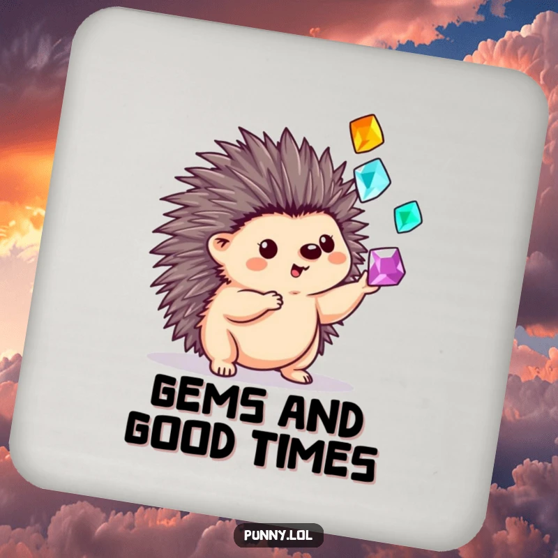 Funny coaster featuring a hedgehog skillfully juggling sparkling gems with its quills, adding playful charm to surface protection.