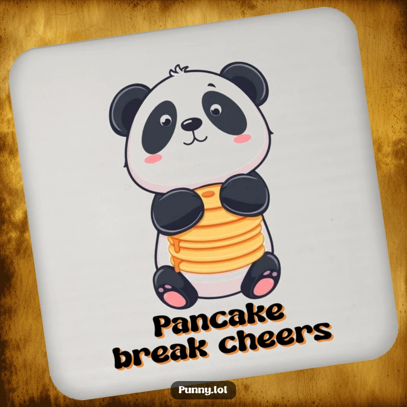 Funny coaster with a panda balancing pancakes on its nose, for protecting surfaces.