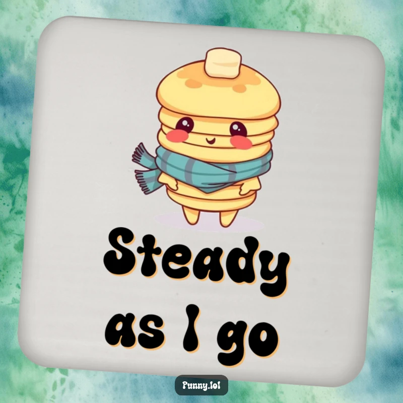 Funny drink coasters featuring a dizzy stack of pancakes in a scarf, looking confused, perfect for protecting furniture with humor.