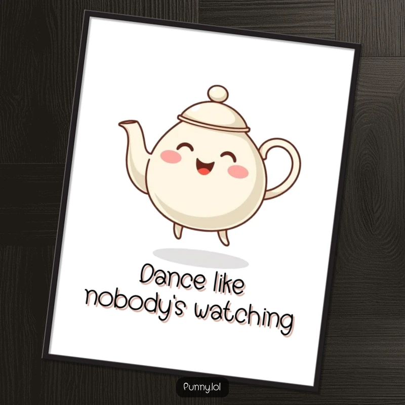 Funny wall art poster depicting a joyful, steaming teapot character in a lively dance pose, spreading cheer.