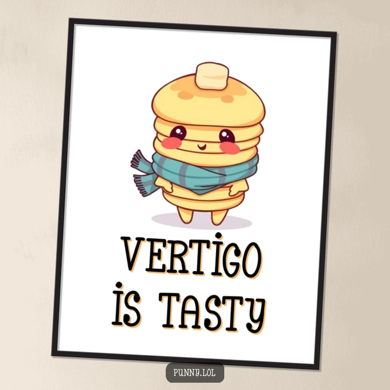 Funny poster art of a dizzy stack of pancakes in a scarf, looking bewildered, adding a comical and eye-catching element to any wall.