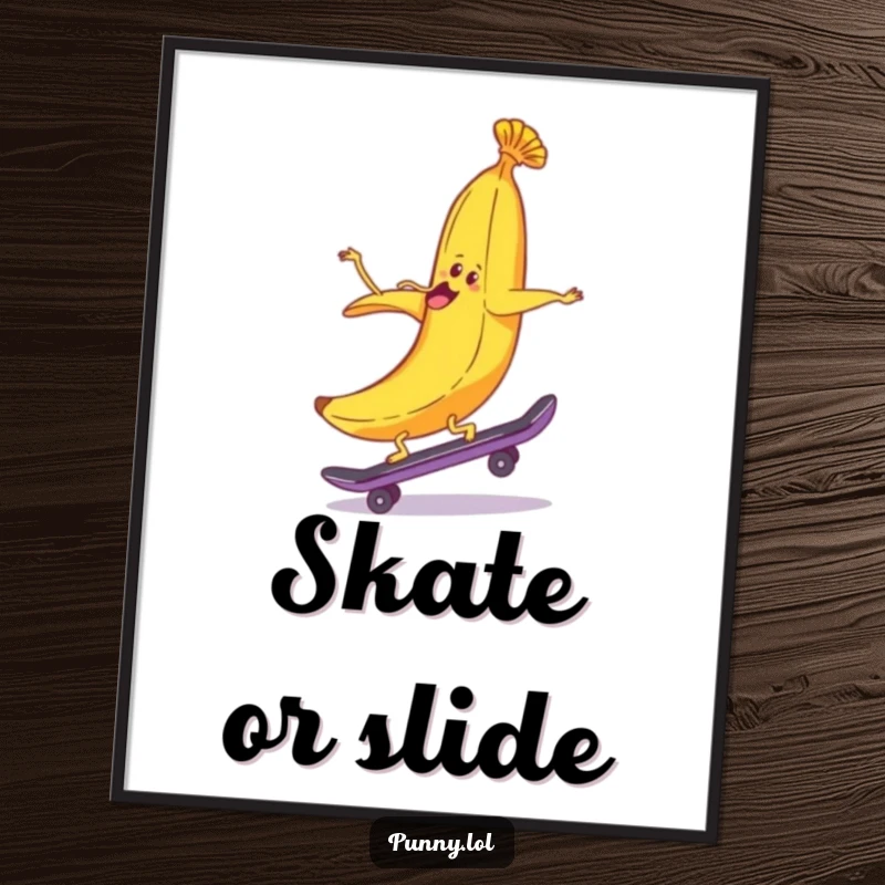 Whimsical poster print of a funny banana peel riding a skateboard backwards, adding a humorous and dynamic element to any wall.