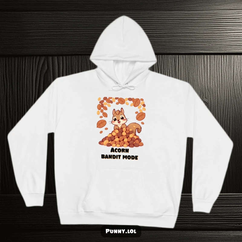 Funny hoodie displaying a happy squirrel joyfully hoarding a huge quantity of nuts, perfect for cozy and humorous vibes.